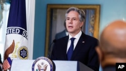 2023年5月15日,美国国务卿布林肯就国务院发表2022年国际宗教自由报告发表讲话。(美联社)