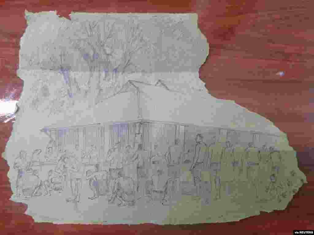 MYANMAR-POLITICS/PRISON -A smuggled sketch shows people inside of Myanmar's Insein prison with a written date April 17, 2021, in this undated picture obtained by REUTERS