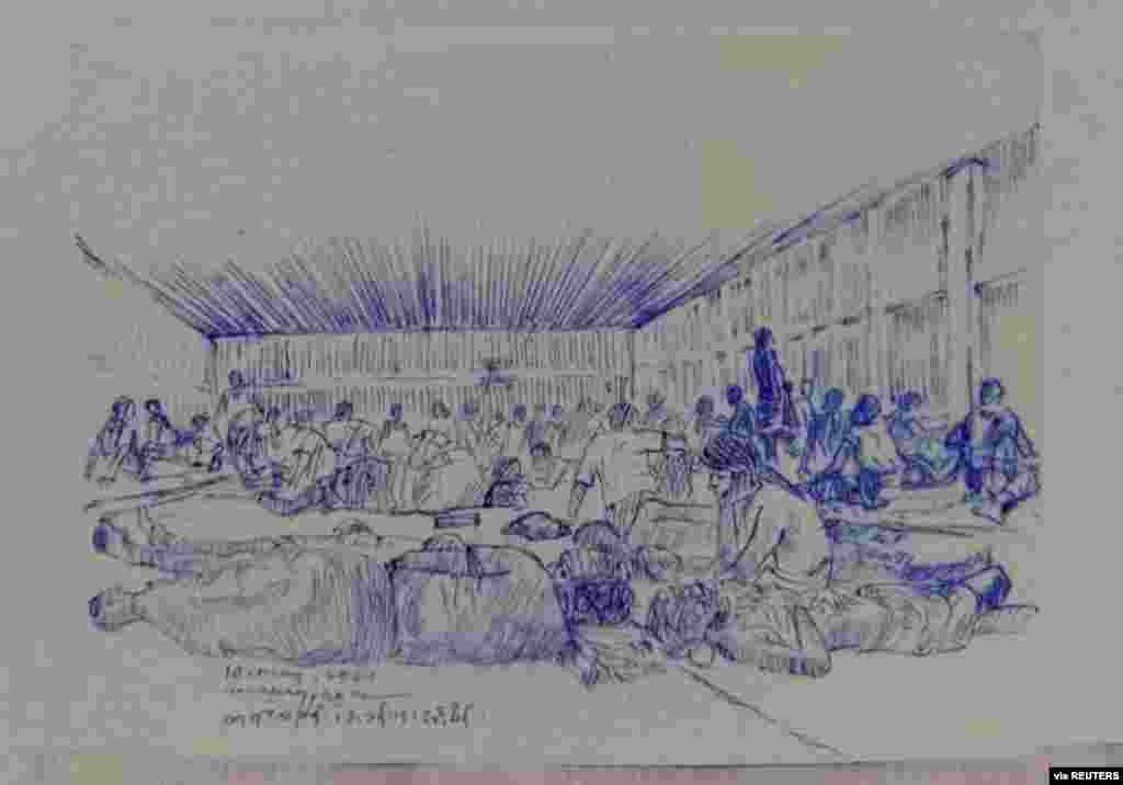 MYANMAR-POLITICS/PRISON -A smuggled sketch shows people inside of Myanmar's Insein prison with a written date April 17, 2021, in this undated picture obtained by REUTERS
