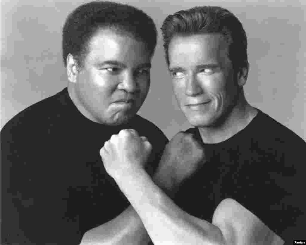 施瓦辛格和拳王阿里秀肌肉。此图的拍照日期不详,但应该是在2000年10月23日之前