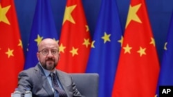 资料照:欧洲理事会主席米歇尔(Charles Michel)在布鲁塞尔出席欧中峰会。(2022年4月1日)