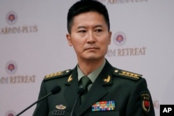 中国国防部发言人谭克非在东盟国防部长会议期间的一个记者会上。(2022年11月22日)