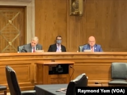 资料照:美国国会及行政当局中国委员会主席默克利参议员(左)与共同主席麦戈文众议员(右)在国会一个听证会上。