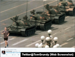 《外交政策》杂志的香港主编Tom Grundy在推特上发布了一张PS合成的“六四事件”图片(网页截屏)