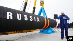 资料照:俄罗斯工人在圣彼得堡准备开始北溪天然气管道的安装工程。(2010年4月9日)