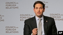 被候任美国总统特朗普提名的国务卿候选人马克·鲁比奥在美国外交关系协会发表讲话(资料照,2015年5月13日)