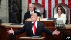 资料照片: 2019年2月5日唐纳德·特朗普总统在华盛顿国会山举行的国会联席会议上发表国情咨文演讲,副总统迈克·彭斯和众议院议长南希·佩洛西观看。