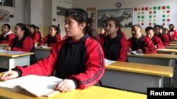 中国政府组织的对新疆喀什的参访中喀什居民在职业教育中心学习中文。(2019年1月4日)