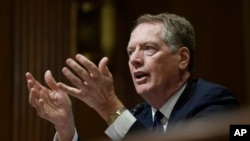 美国贸易代表莱特希泽2019年6月18日出席参议院金融委员会听证(资料图)