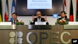 俄罗斯能源部长诺瓦克、沙特阿拉伯能源、工业和矿产资源部长、阿联酋能源部长马兹鲁伊共同出席欧佩克新闻发布会。(2018年12月7日)