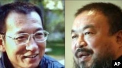 零八宪章起草者刘晓波(左),中国著名艺术家艾未未(右)