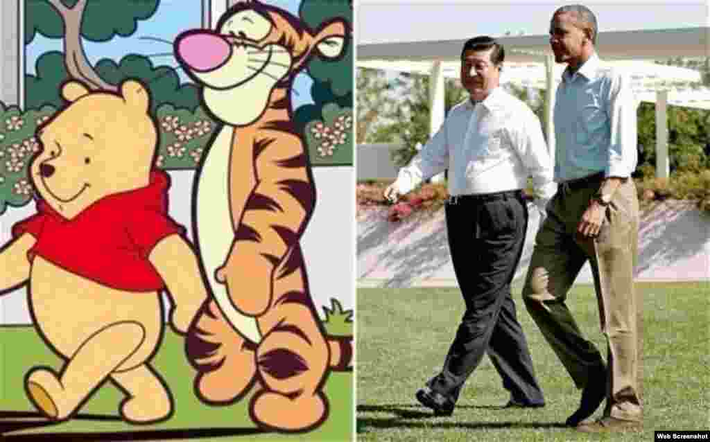 网上拼图:左图:著名动画形象小熊维尼和它的朋友“跳跳虎”;右图:2013年6月8日,美国总统奥巴马和中国主席习近平在加州的庄园并肩而行(来自路透社图片,原图在后面)。有网民认为照片中的两位领导人就像小熊维尼和“跳跳虎”,于是把两张图拼在一起,又用小熊维尼代指中国领导人习近平。7月15日,有新浪微博用户关于小熊维尼的博文被删,“小熊维尼”“维尼熊”等词成了敏感词。同时腾讯微信也将小熊维尼的表情包下架。