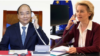 Thủ tướng Việt Nam Nguyễn Xuân Phúc điện đàm với Chủ tịch EC Ursula Von Der Leyen ngày 29-07-2020. Photo VNA và Twitter.