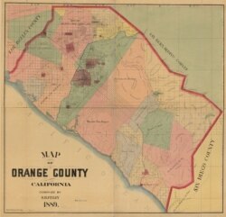 Bản đồ treo tường Quận Cam năm 1889 do công ty S.H. Finley (San Francisco) xuất bản với các “ranchos” thời Mexico. Rancho Las Bolsas màu hồng nhạt phía bên trái của Rancho Santiago de Santa Ana màu xanh lá cây, với sông Santa Ana ở giữa. Nguồn: Library of Congress.