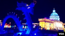 资料照:中国四川自贡灯贸集团在美国维吉尼亚州劳登郡举办的灯会所展示的中国龙与美国国会大厦。(2018年12月22日)
