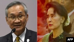 合成图片:泰国外交部长帕马威奈和被军人政变推翻的缅甸领导人昂山素季。帕马威奈披露他与被关押的昂山素季见了面。(2023年7月12日)