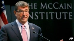 U.S. Secretary of Defense Ashton Carter prepares to speak about the so-called "Asia Pivot" by the U.S., at the McCain Institute at Arizona State University, April 6, 2015, in Tempe, Arizona.
