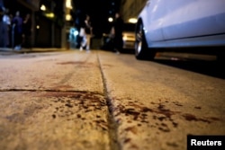 香港民间人权阵线召集人岑子杰2019年10月16日在旺角遇袭受伤后留下的血迹。