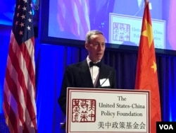 美中贸易全国委员会主席艾伦大使2019年11月21日在五月花饭店接受美中政策基金会颁发的“杰出成就奖”后发表讲话(美国之音莉雅拍摄)