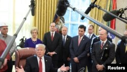 美国总统特朗普在白宫椭圆办公室与制造商和制造业工人举行的会议上对记者发表讲话。(2019年1月31日)