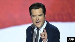 资料照片:2024年7月17日,佛罗里达州共和党联邦众议员马特·盖茨在威斯康星州密尔沃基举行的2024年共和党全国代表大会第三天发表演讲。