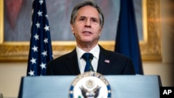 资料照片:美国国务卿布林肯在美国国务院发表外交政策讲话。(2021年3月3日)