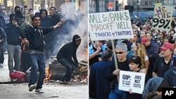 左图:突尼斯抗议者和警察在街头发生冲突;右图:参加“占领华尔街”活动的美国民众在纽约游行