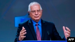 欧盟外交及安全政策高级代表博雷利在记者会上讲话。(2020年6月9日)