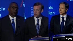 美国国防部长奥斯汀(左)、国家安全部问沙利文(中)和美国国务卿布林肯(右)2021年7月13日在华盛顿出席全球技术峰会