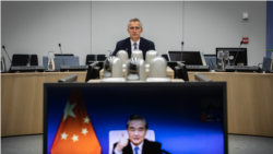 北约秘书长斯托尔滕贝格(Jens Stoltenberg)2021年9月27日与中国国务委员兼外长王毅举行视讯对话(北约照片)