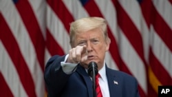 美国总统唐纳德·特朗普在华盛顿白宫玫瑰花园举行的新闻发布会谈冠状病毒。(2020年5月11日)