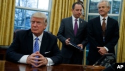 美国总统川普与美国贸易理事会顾问彼得·纳瓦罗(Peter Navarro)讨论加拿大和墨西哥与美国双边协议(2017年1月)