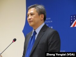 AIT离任处长梅健华回答记者问题(美国之音张永泰拍摄)
