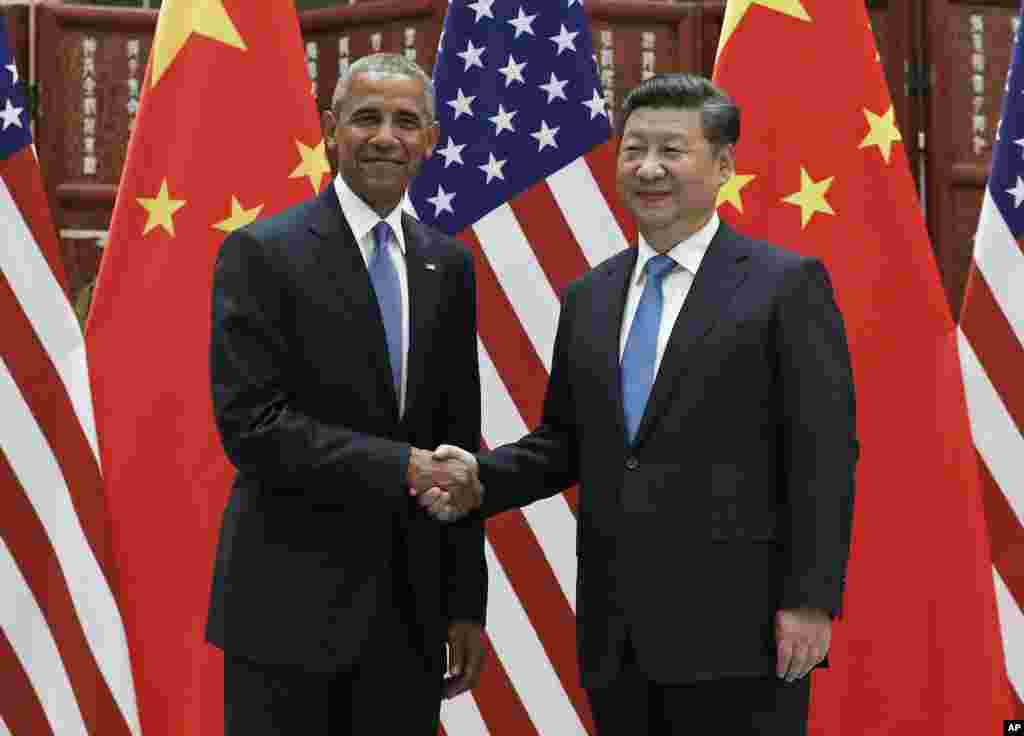 2016年9月3日美国总统奥巴马(左)和中国国家主席习近平在中国杭州举行双边会谈前握手。