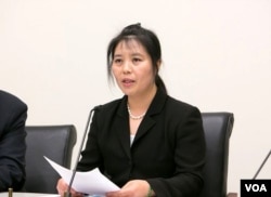 流亡美国的法轮功学员马春梅2016年5月26日在美国国会听证会作证 (马春梅提供)