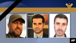 This photo released by Hezbollah-owned Al-Manar TV's Facebook page, shows three Al-Manar TV journalists, cameraman Mohammed Mantash, left, reporter Hamza al-Haj Hassan, center, and technician Halim Allaw, right, who were killed while covering the battle between the Syrian government forces and rebels, in Maaloula, April 14, 2014.