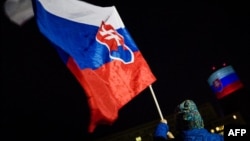 一个男孩挥舞斯洛伐克国旗在斯洛伐克首都布拉迪斯拉发参加对30年前推翻前捷克斯洛伐克共产党政权的和平天鹅绒革命的纪念活动。(2019年11月17日)