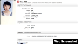 被中国政府通过国际刑警组织通缉的云南大学历史系副教授郭欣(国际刑警组织网站截图)
