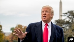 特朗普在白宫南草坪登上海军陆战队一号之前对媒体讲话。(2018年11月2日)