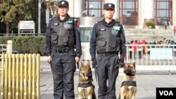 两会会场北京人大会堂外执勤的特警和警犬。(2016年3月5日 美国之音金子莹拍摄)