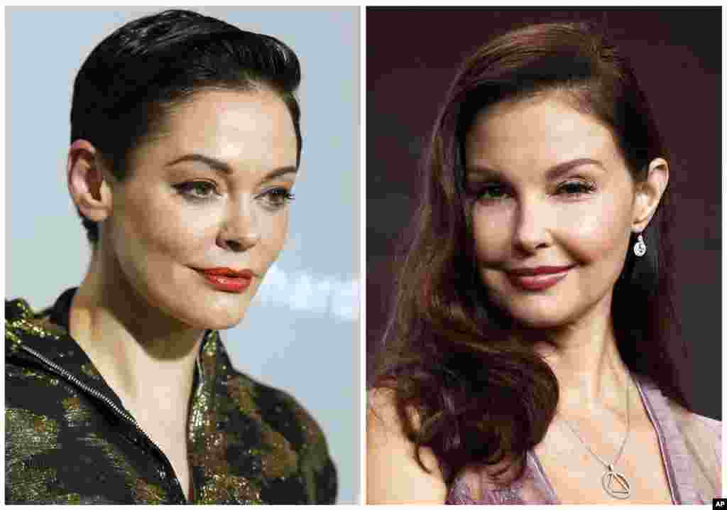 左图:美国演员和歌手罗斯·麦高恩在洛杉矶(2015年4月15日)。右图:美国演员阿什莉·贾德在加利福尼亚州贝弗利山庄(2017年7月25日)。纽约时报报道,电影制片人哈维·温斯坦数十年来对女性性骚扰,其中包括员工和女演员阿什莉·贾德。 纽约时报还表示,两名公司官员说,至少有八名女性获得了和解费,其中包括女演员罗斯·麦高恩。