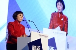 资料照:中国财新传媒创办人胡舒立在北京一个论坛上讲话。(2016年12月4日)