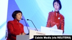 资料照:中国财新传媒创办人胡舒立在北京一个论坛上讲话。(2016年12月4日)