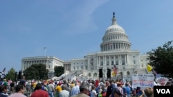 2013年9月25日,茶党民众在国会前抗议奥巴马医保改革。(美国之音 杨晨拍摄)