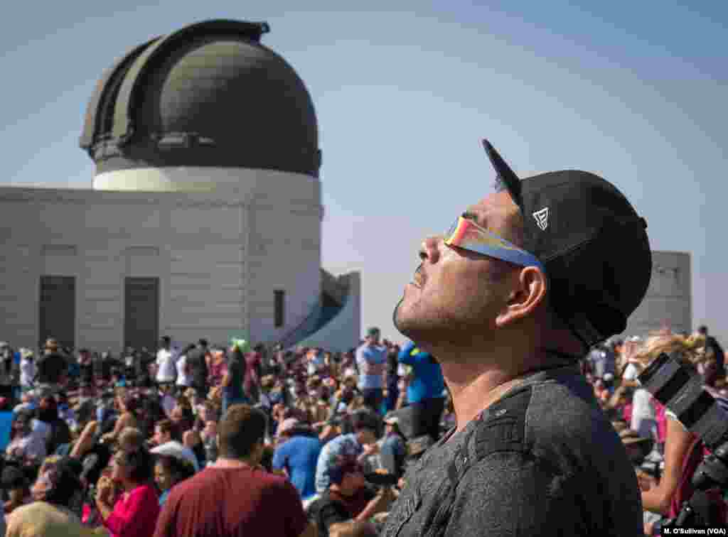 Jesus Ibanez was among hundreds of observers of the partial solar eclipse outside Griffith Observatory in Los Angeles, Aug. 21, 2017.