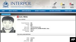 国际刑警组织(Interpol)在其网站上发出全球通缉令,缉拿39岁的SUN FENG