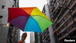 一名香港LGBT自豪游行的参加者高举彩虹雨伞。(2014年11月8日)