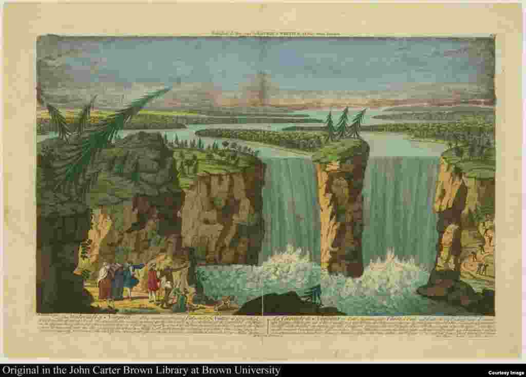 18世纪的罗伯特·汉考克(Robert Hancock)绘制的尼亚加拉大瀑布“透视图”(布朗大学的John Carter Brown图书馆提供)。