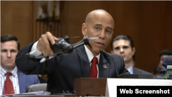 美国军事学者哈里·温戈(Harry Wingo)2019年6月18日在参议院听证会上展示法国产无人机模型