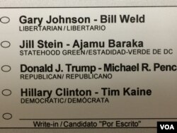 选票上印着四对总统、副总统候选人名字(美国之音燕青拍摄)